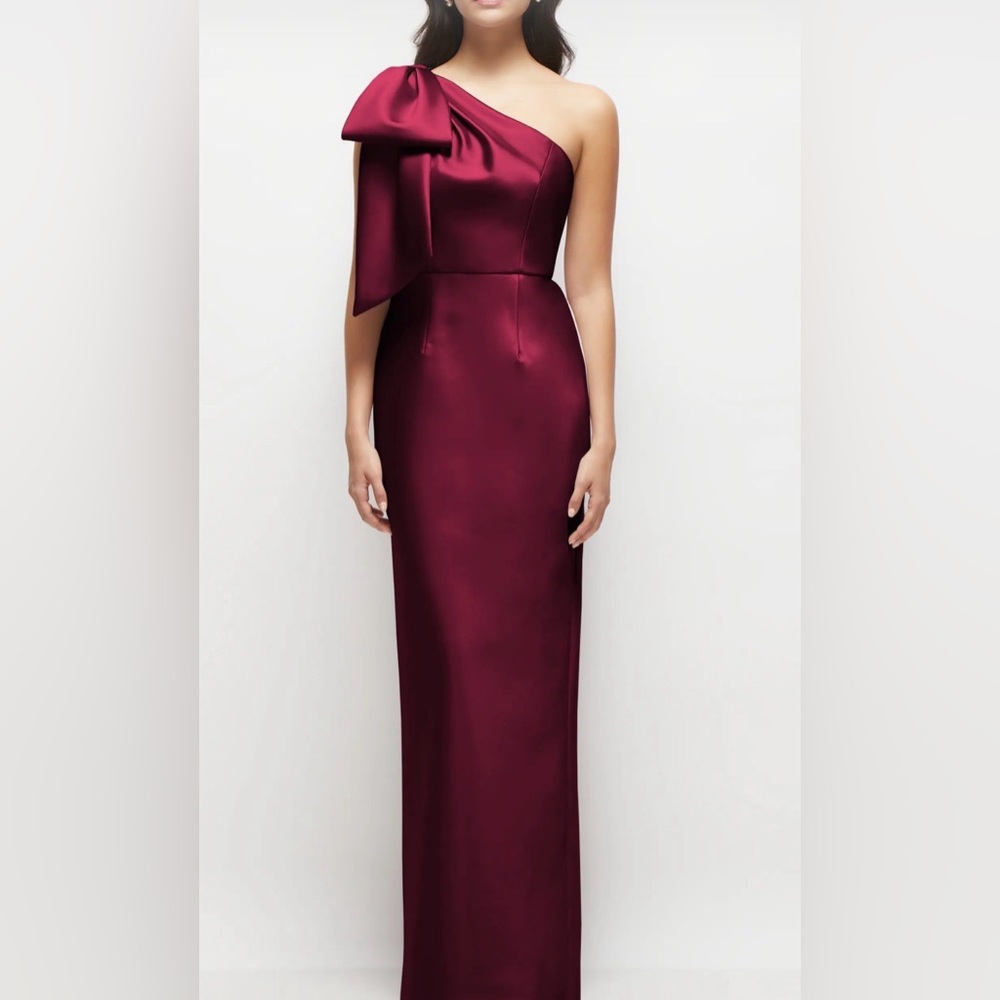 Alfred Sung D861 Cabernet Bow Detail One Shoulder Satin Column Gown, Size 6